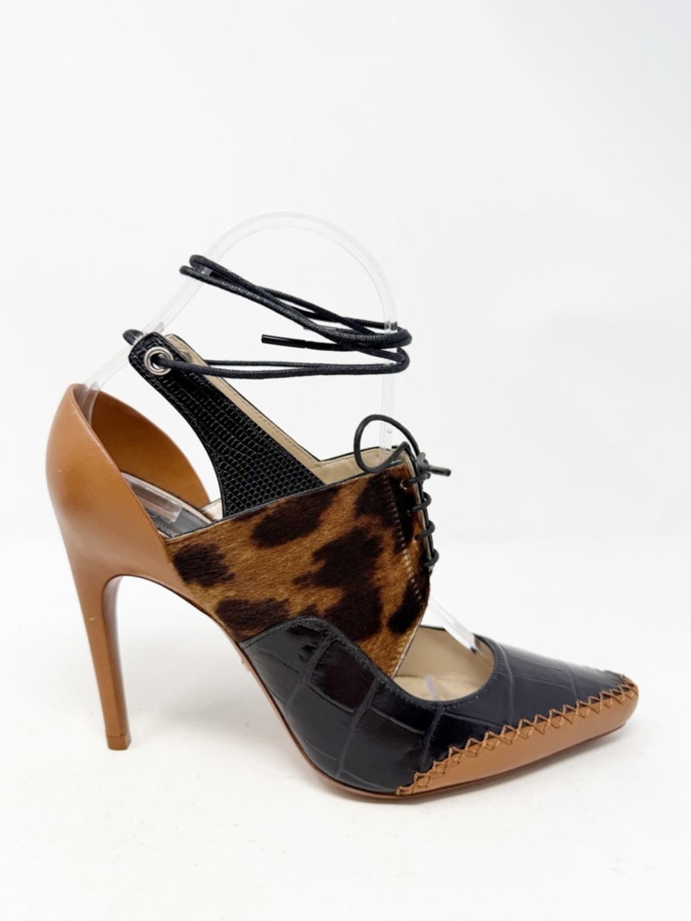 Christian Dior Leopard Calf Hair Lace Up Heels Pointed Toe Womens Size EU 37.5 - Picture 4 of 11